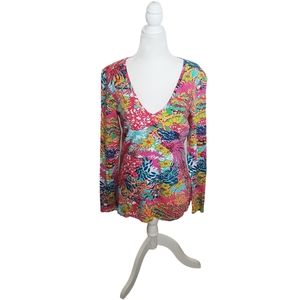 Lilly Pulitzer Medium Floral Cotton V-Neck Fishing for Compliments Jodie Top